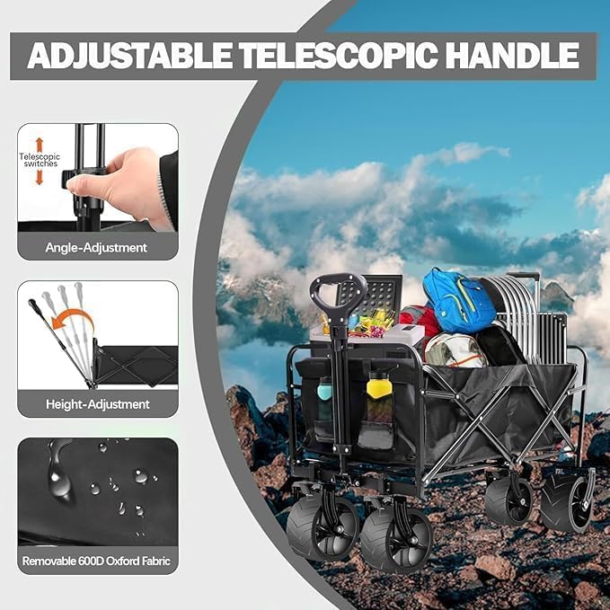 إي وورلد عربة تسوق قابلة للطي – عربة متعددة الاستخدامات شديدة التحمل بسعة 150kg، مع مقبض قابل للتعديل، وجيبين، وعجلات دوارة بزاوية 360°، قماش مقاوم للماء، مدمجة للبحر، والتخييم، والحديقة، والاستخدام اليومي – اللون الأسود - Image 5